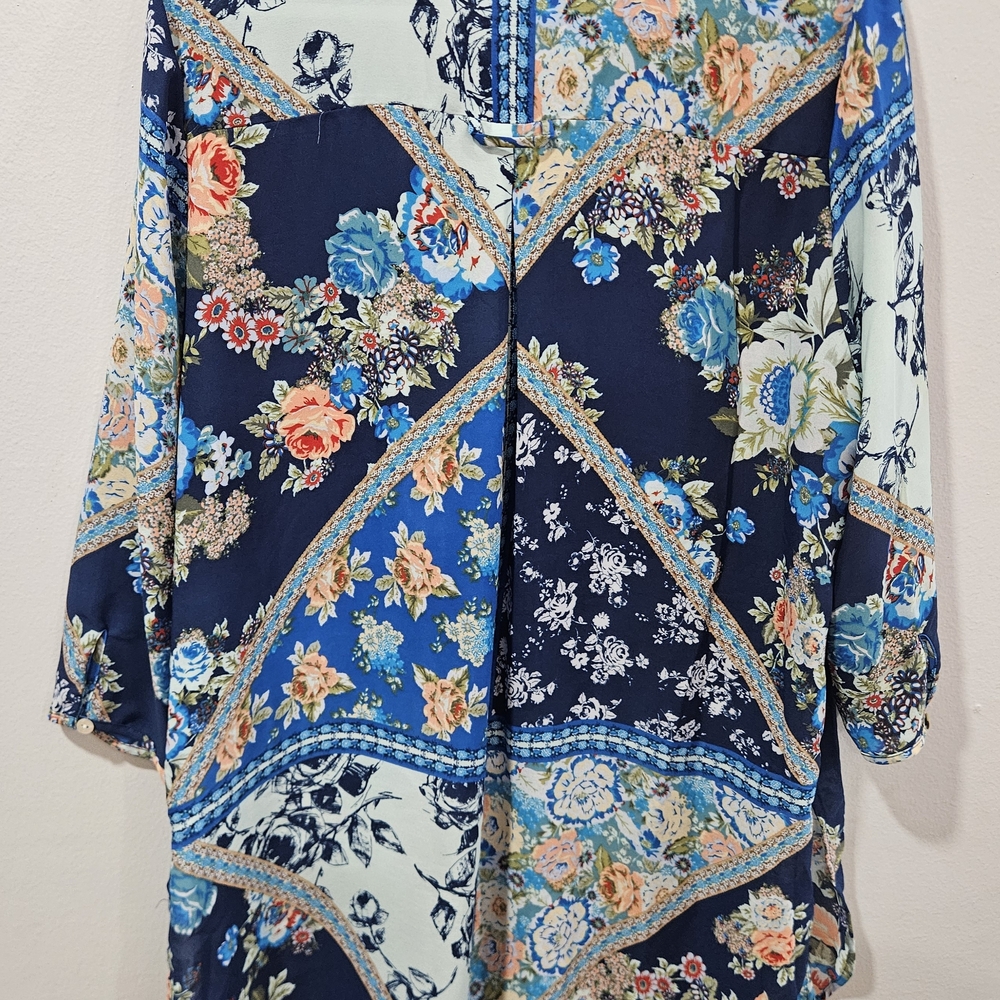 Figueroa & Flower Blue Floral Tunic Blouse Boho Patchwork Design, Size Large - Picture 6 of 10